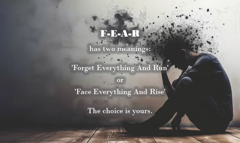 Text-based image with a motivational quote about fear.