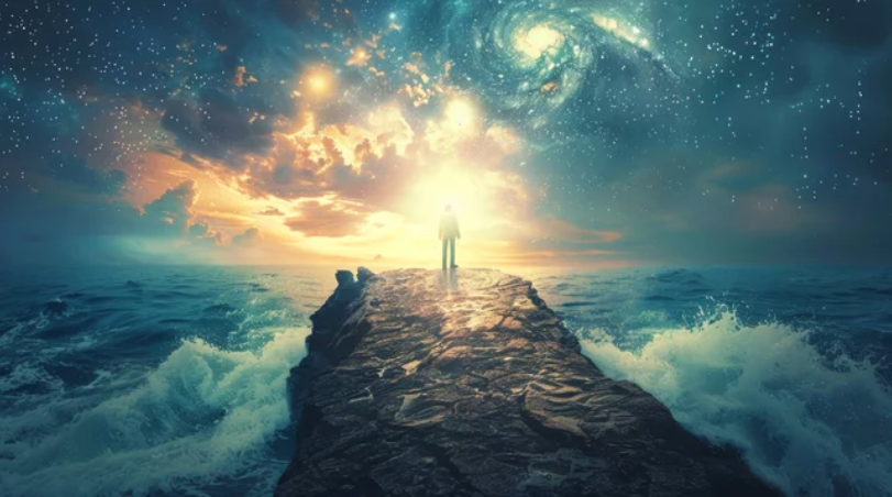 A man stands on a cliff overlooking a vast ocean and a starry sunset sky.