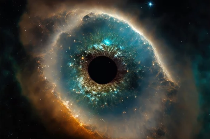 A cosmic eye surrounded by a colorful nebula.