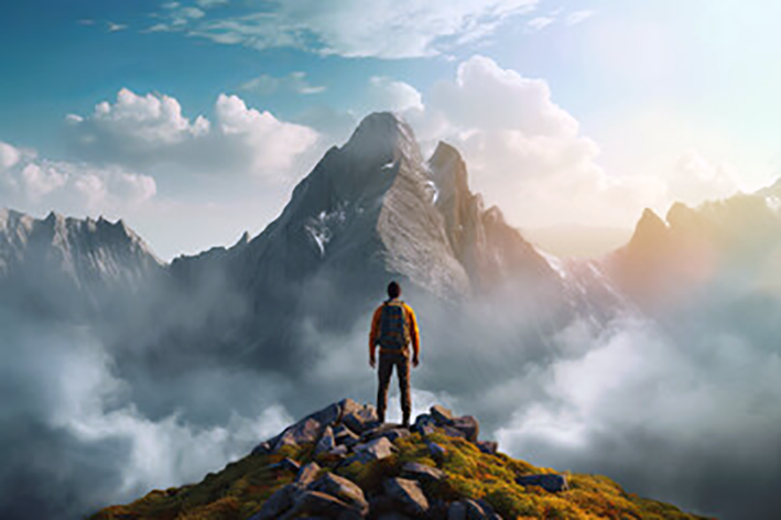 "Adventurer standing on a rocky mountain summit, gazing at a majestic peak surrounded by clouds."