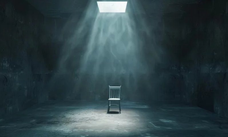 A single wooden chair in the center of a dark, empty room with a spotlight shining down from an overhead opening.