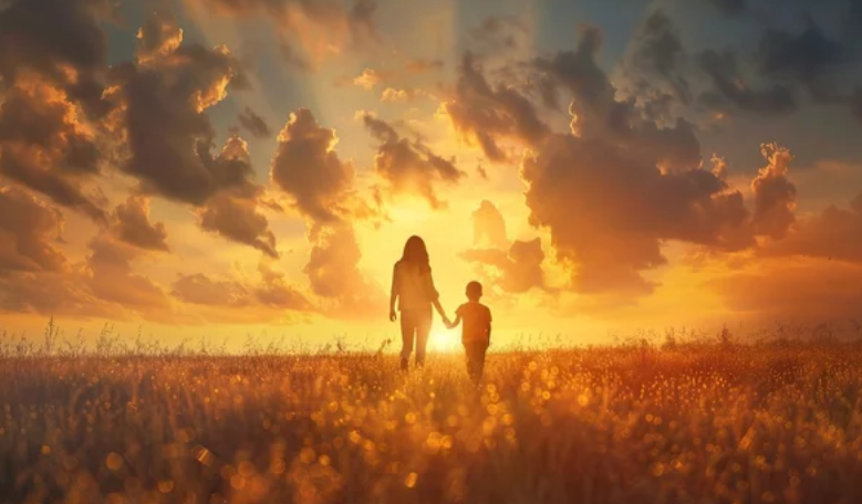 A mother and child holding hands, walking into a golden sunset across a field, with a sky full of dramatic clouds and warm light.