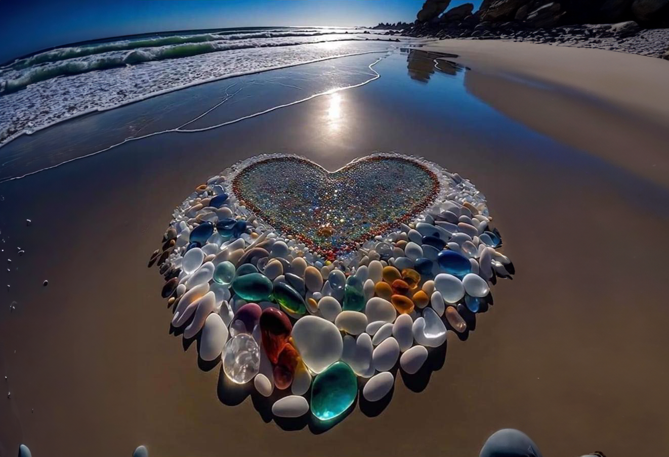 A heart-shaped arrangement of colorful sea glass and smooth stones on a sandy beach, with the ocean and a bright blue sky in the background.