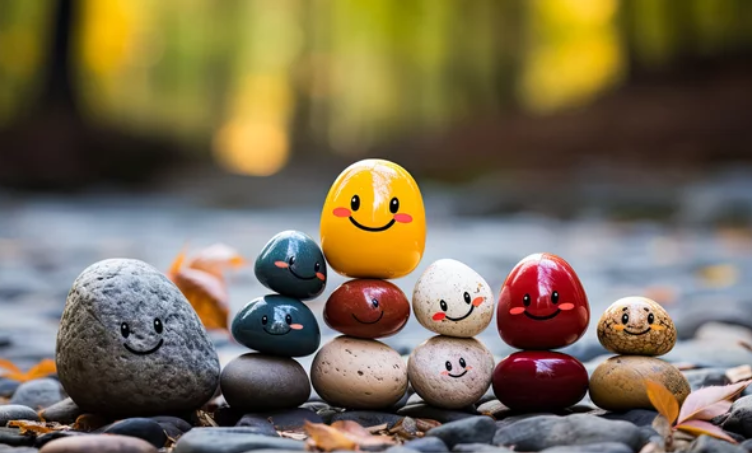 Stacked colorful painted stones with smiley faces on pebbles in an outdoor setting