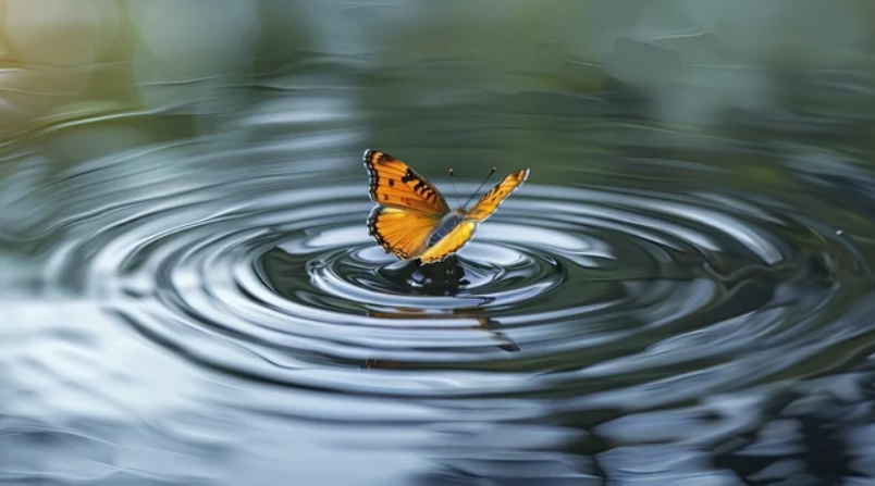 Orange butterfly with open wings, perched on a water droplet amidst ripples