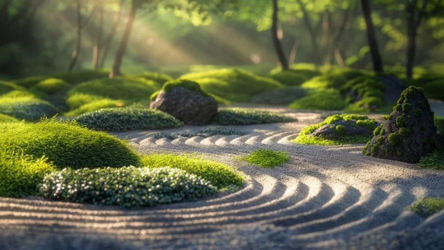 Serene Japanese Zen garden with raked sand patterns, lush green moss, and sunlight filtering through trees
