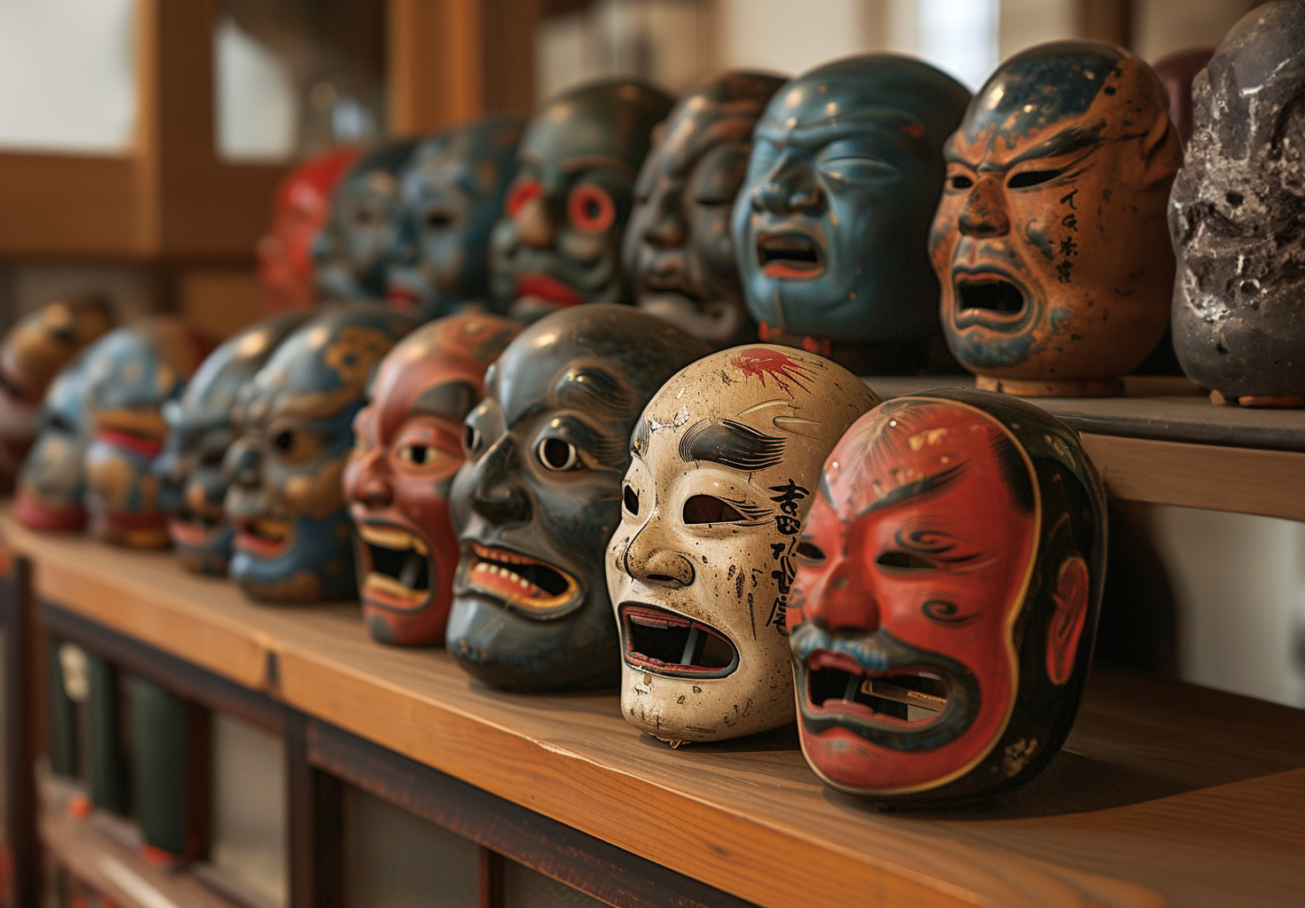A row of colorful Japanese Noh masks on a wooden shelf. The masks are carved from wood and painted with intricate designs.