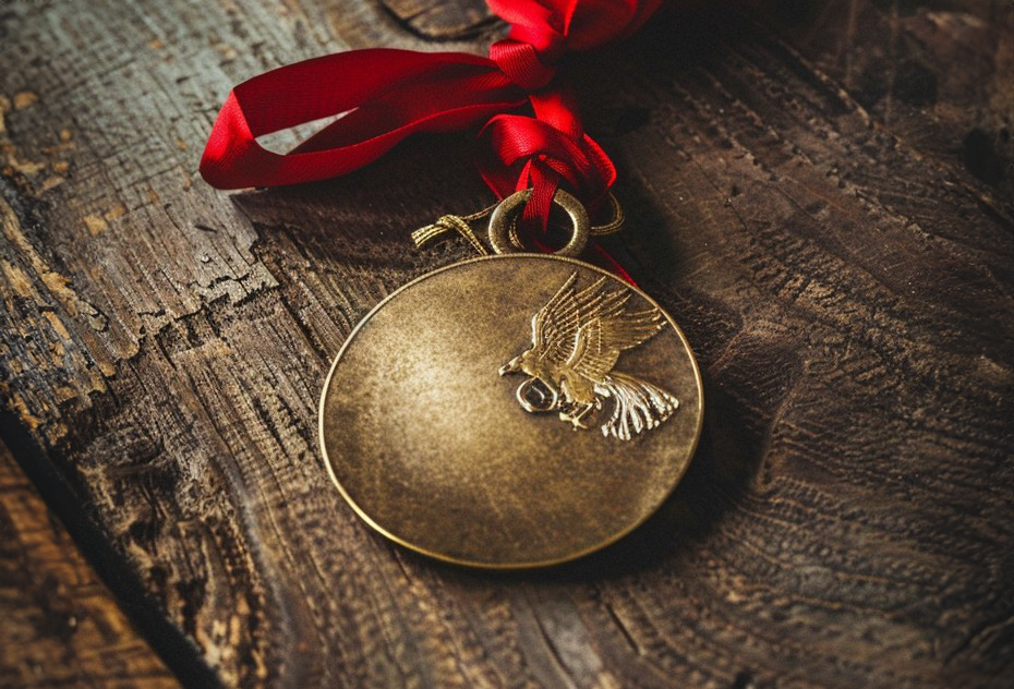 A bronze medal with a red ribbon and a golden eagle engraving.
