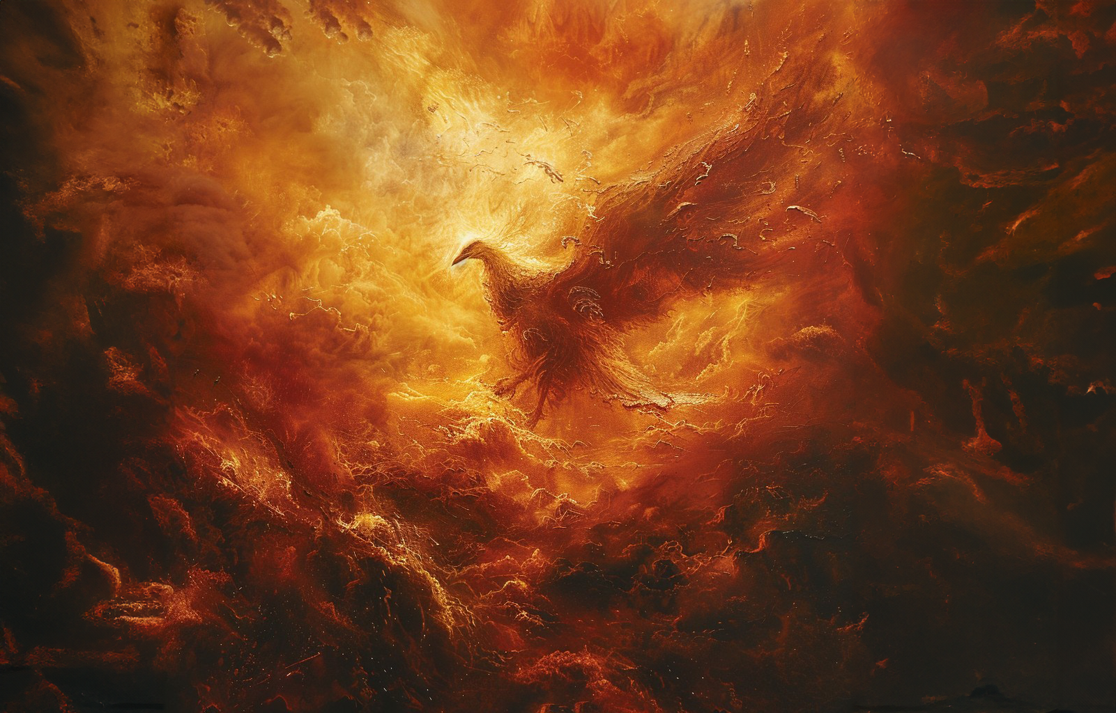 A majestic phoenix, engulfed in flames, soars through a fiery sky.