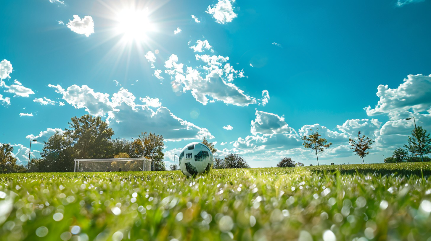 A soccer ball rests on a lush green field under a clear blue sky with fluffy clouds.