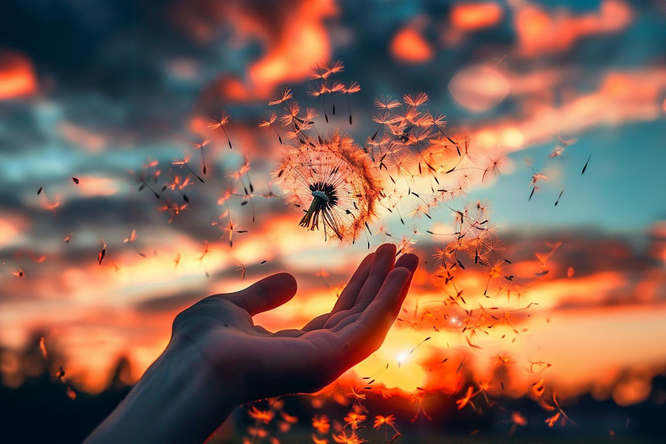 A hand holding a dandelion seed head as its seeds float away in the sunset.