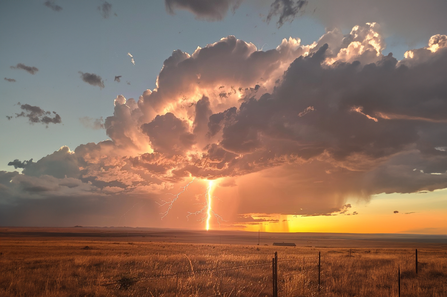 A powerful lightning bolt striking the ground beneath dramatic storm clouds, illuminated by a fiery sunset over golden plains.