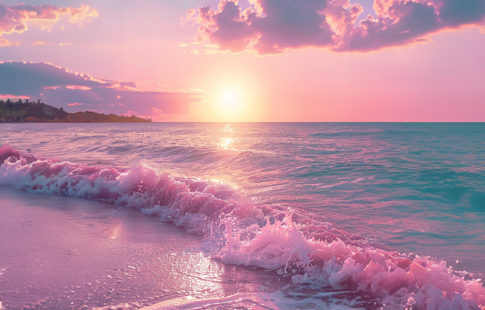 A stunning pink sunset over a calm ocean, with waves lapping gently at the shore.