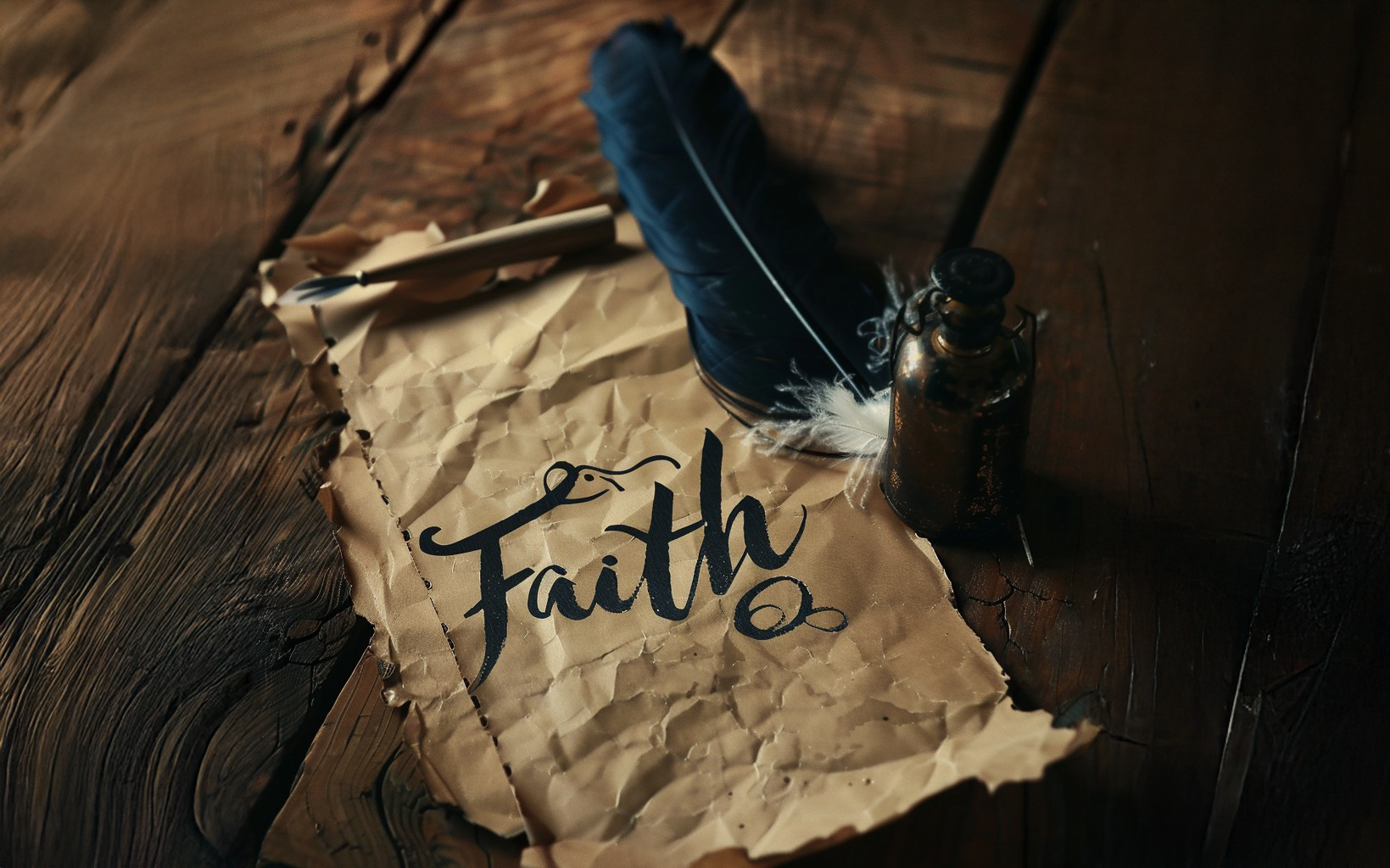 A symbol of faith: a quill pen, inkwell, and parchment paper with the word "Faith" written in calligraphy.