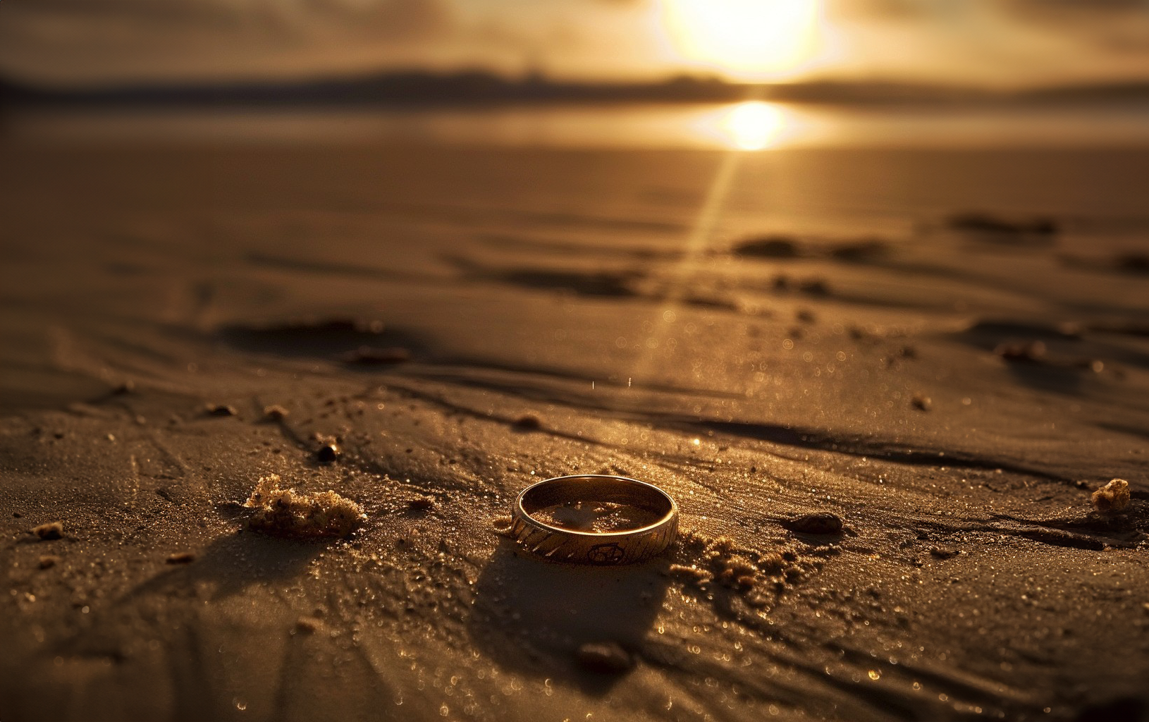 A golden ring rests on the sandy beach, reflecting the setting sun.