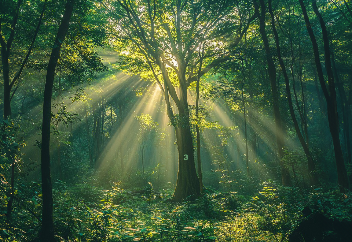A majestic tree in a sunlit forest with a number three marked on its trunk.