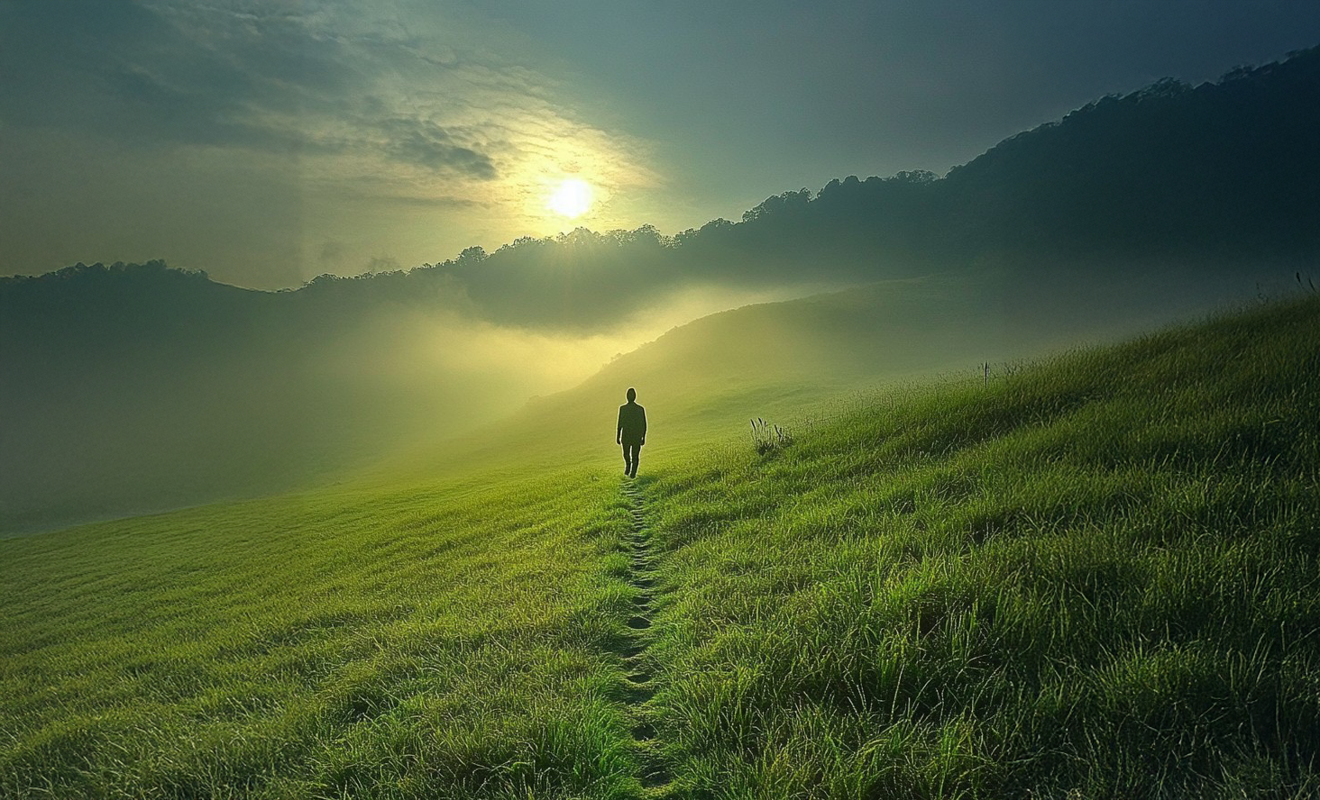 A solitary person walking through a green field with mist and a bright sunrise in the background, surrounded by hills.