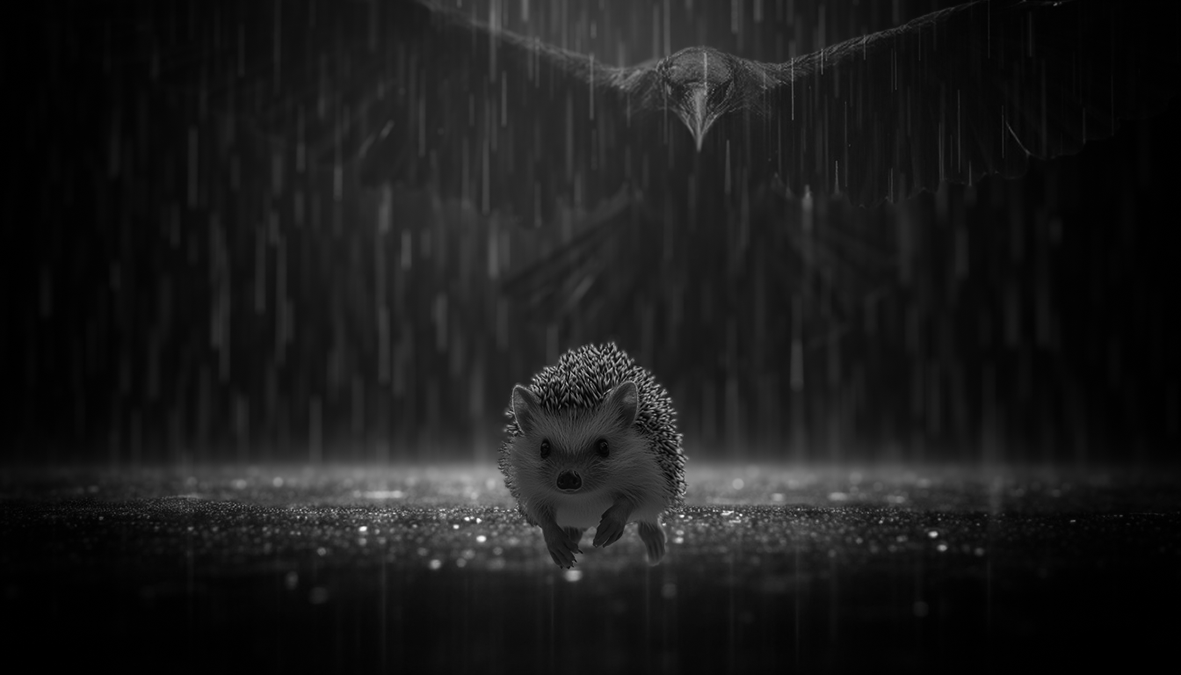 A small hedgehog runs through heavy rain on a dark, wet surface with a large, ominous bird with outstretched wings hovering above, all in black and white.