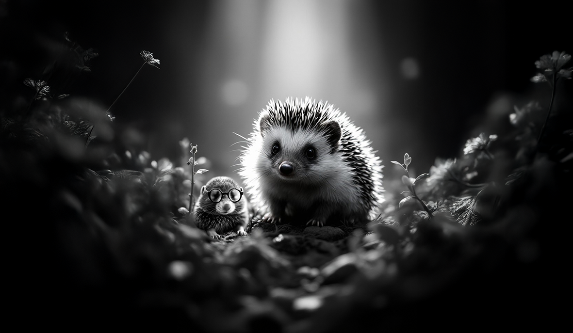 A brightly lit hedgehog sits next to a tiny mole wearing glasses, surrounded by dark foliage and a strong overhead light beam, all in black and white.