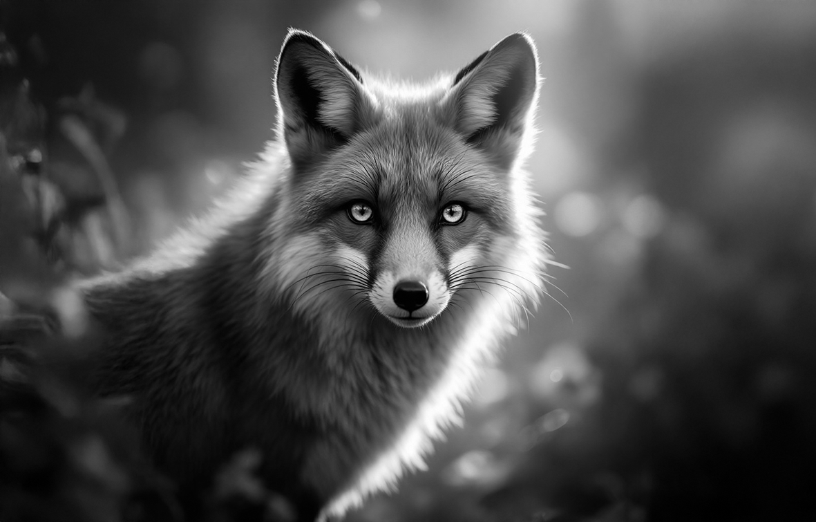 A stunning black and white close-up of a fox with striking bright eyes looking directly at the viewer, set against a softly blurred, backlit garden background.
