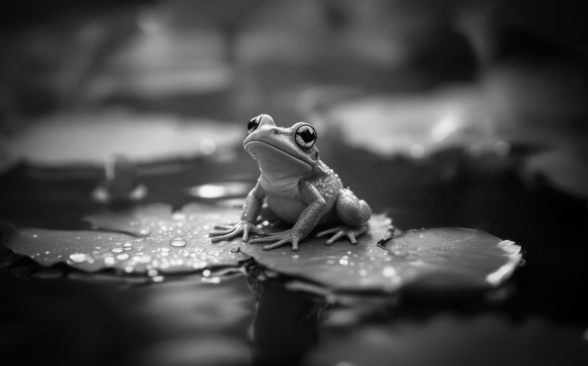 A small frog with large, dark eyes sits on a lily pad covered in water droplets, reflected in the dark water below, all in black and white.