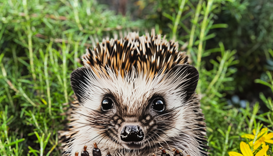 A cute hedgehog peeking out from green foliage and yellow flowers, looking directly at the viewer with bright, curious eyes.