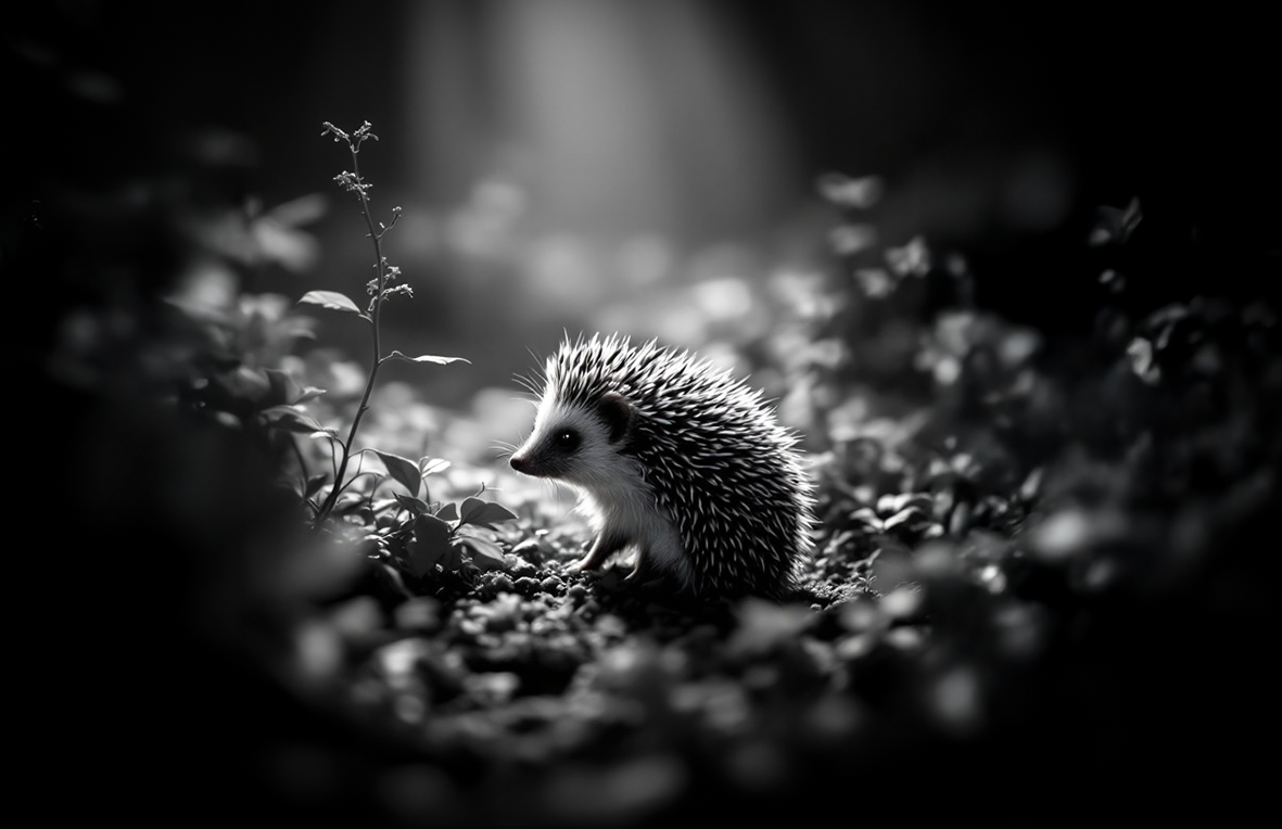 A hedgehog stands on the ground, looking up with bright eyes in a black and white, garden setting.