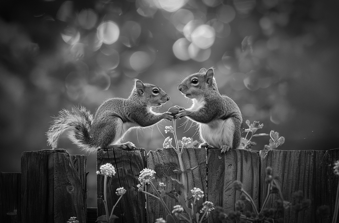 Two adorable squirrels on a wooden fence post are reaching out, seemingly exchanging a nut, with soft bokeh lights and foliage in the background, all in black and white.
