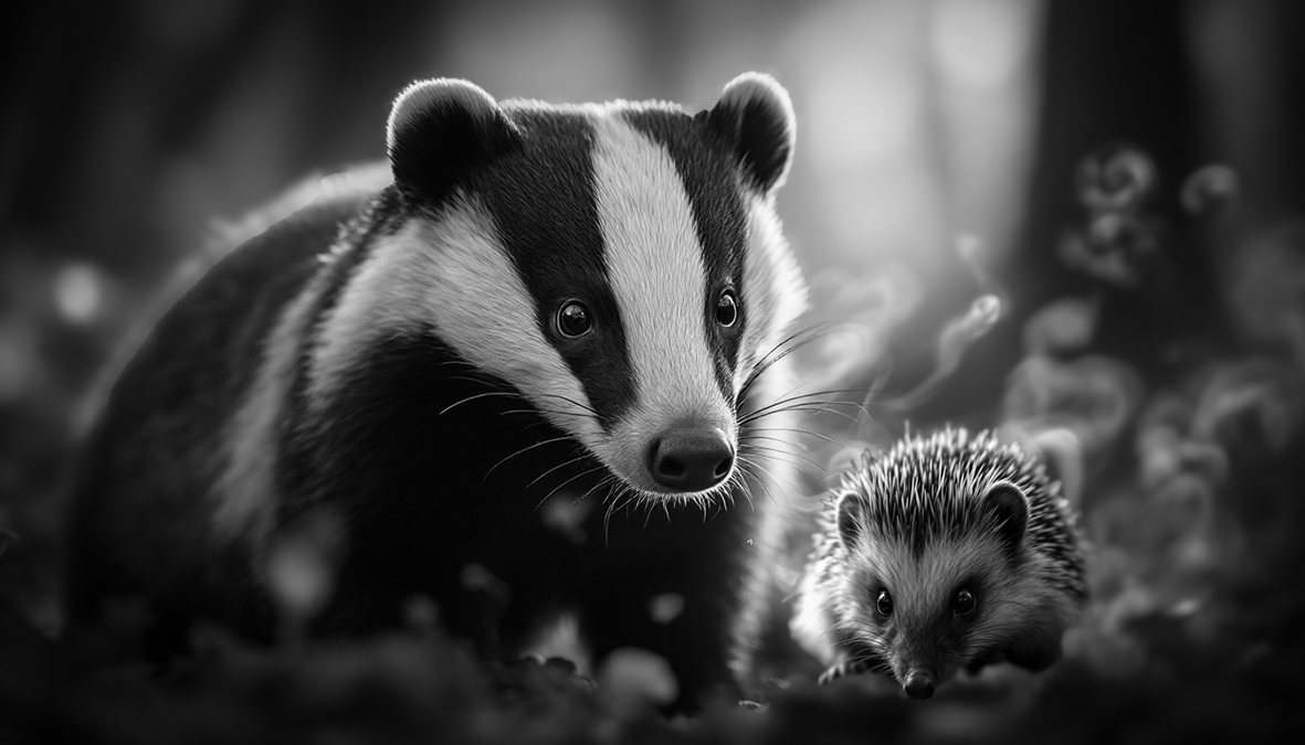 A striking black and white image of a badger with its distinctive facial stripes, standing near a smaller hedgehog, both looking forward in a softly lit, natural forest setting.