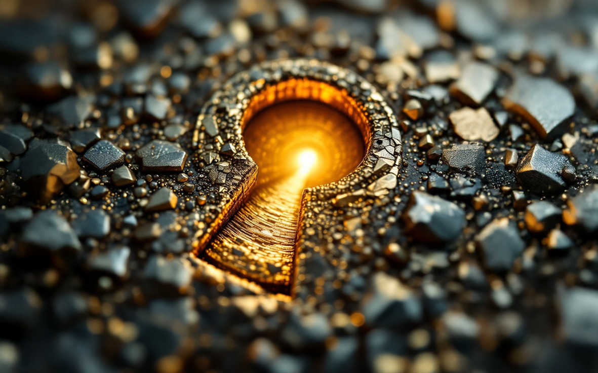 Golden keyhole emerging from a cracked, rocky surface, with a bright light shining from within. The keyhole has a rough, metallic texture and is surrounded by small, dark, and shiny stones.