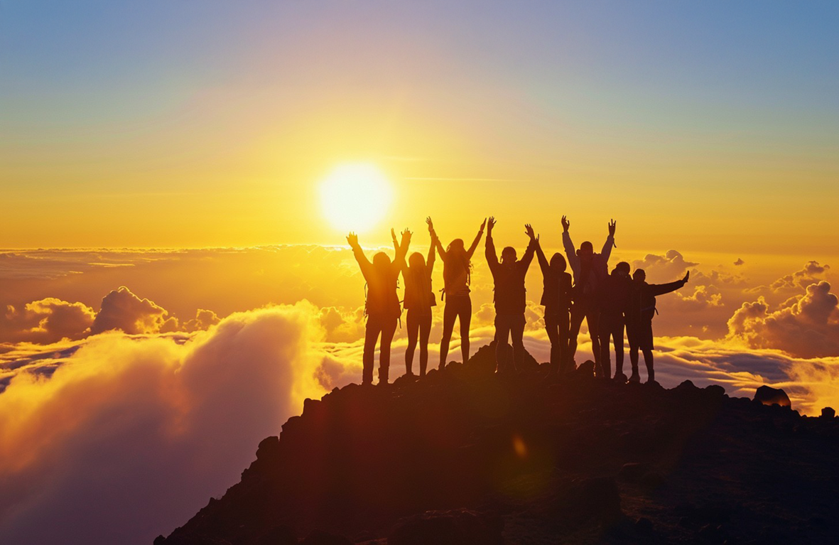 A group of people with their arms raised in triumph, silhouetted against a brilliant sunrise over a sea of clouds.